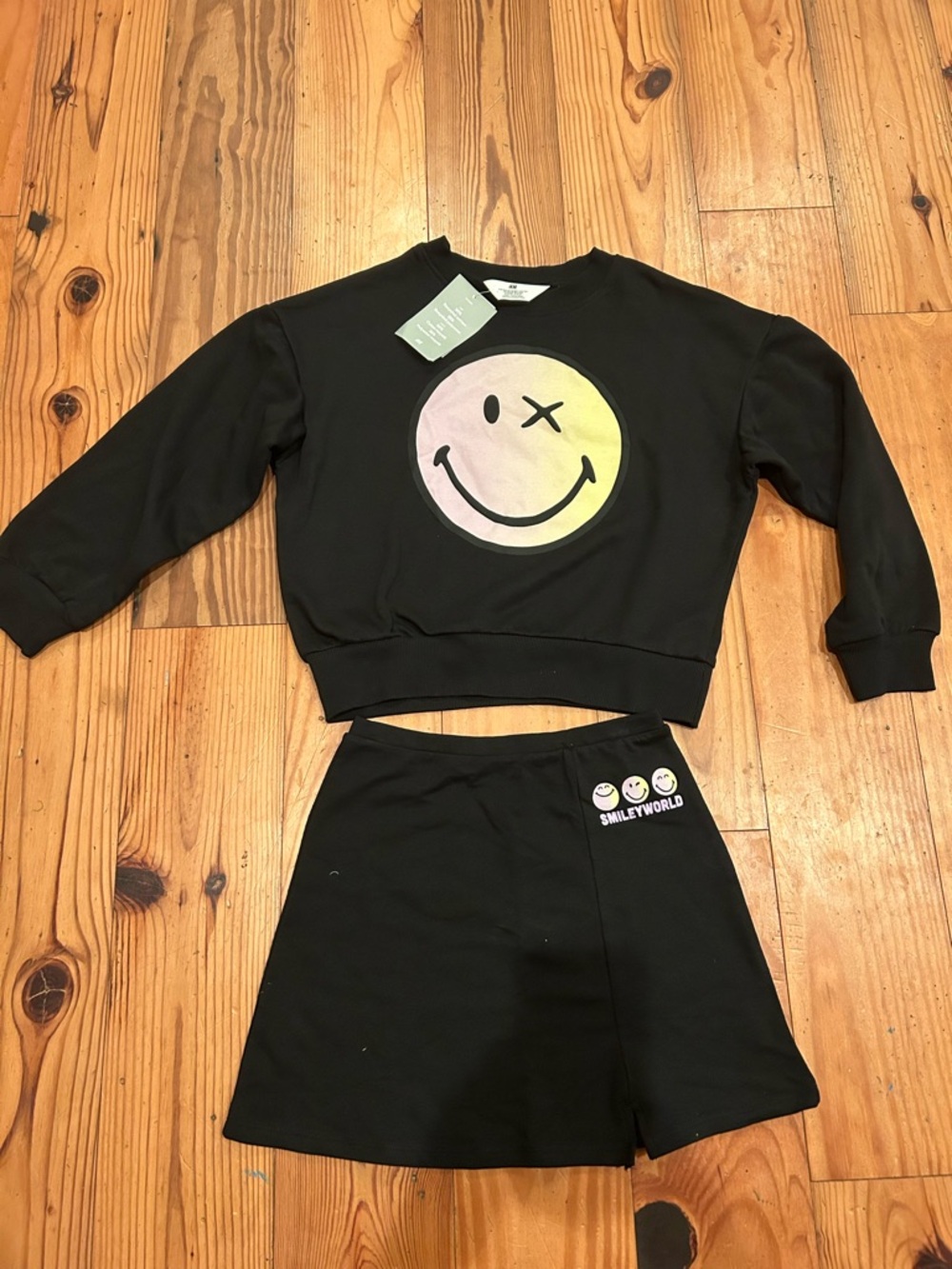 H&M Black Top with Pastel Pink Smiley Graphic with Matching Skirt